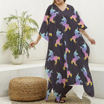 Rainbow Origami Unicorn Pattern Print Silk V-Neck Kaftan Dress