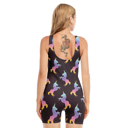 Rainbow Origami Unicorn Pattern Print Sleeveless One Piece Swimsuit