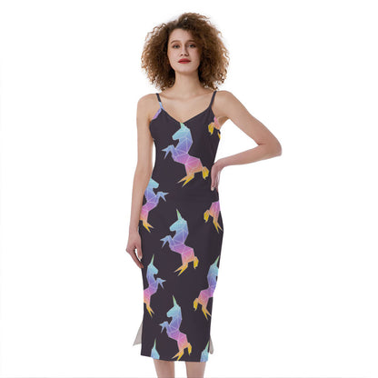 Rainbow Origami Unicorn Pattern Print Slim Fit Midi Cami Dress