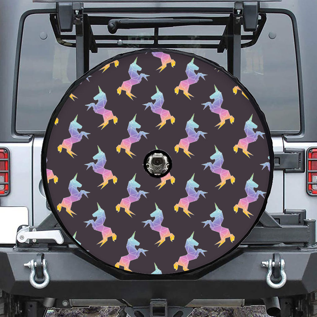 Rainbow Origami Unicorn Pattern Print Tire Cover With Camera Hole