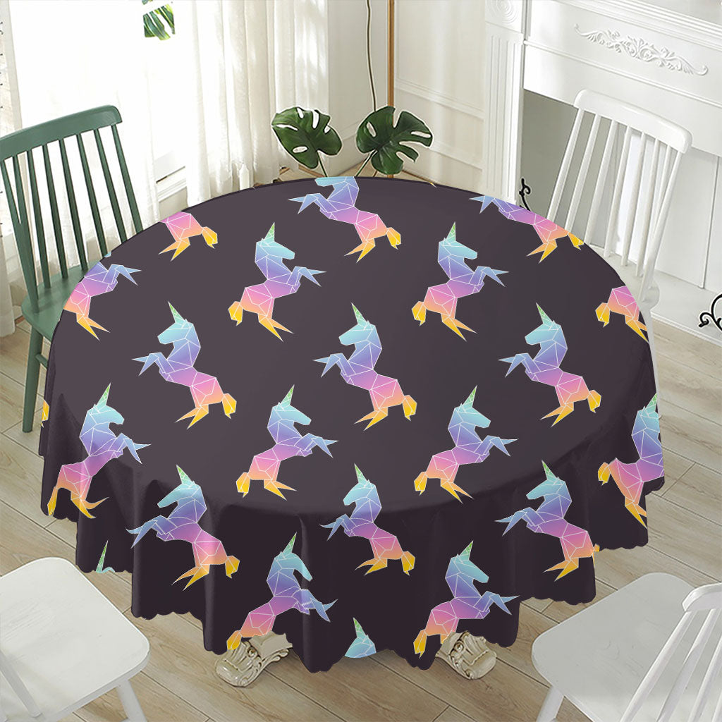 Rainbow Origami Unicorn Pattern Print Waterproof Round Tablecloth