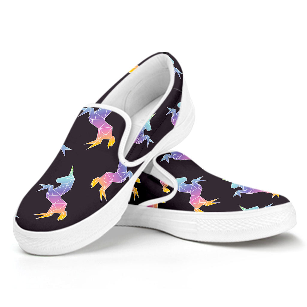 Rainbow Origami Unicorn Pattern Print White Slip On Sneakers