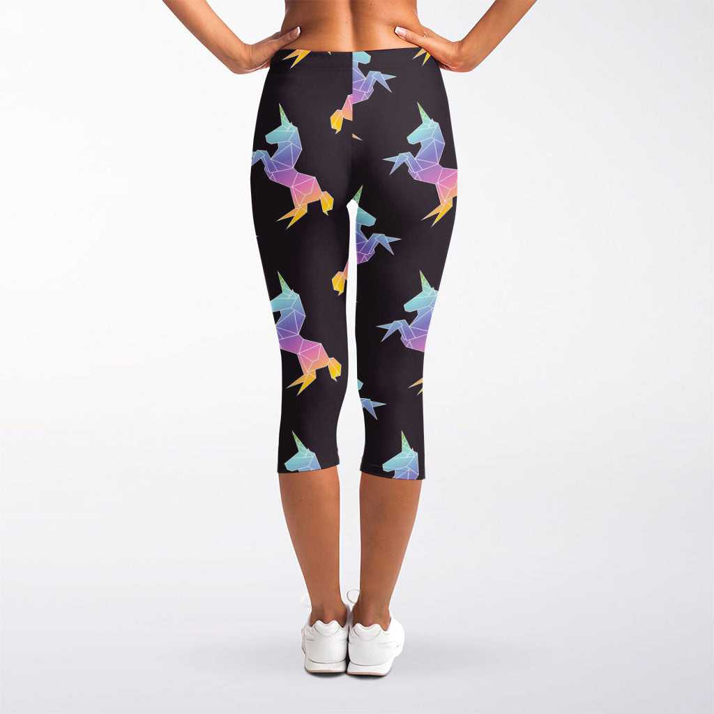 Rainbow Origami Unicorn Pattern Print Women's Capri Leggings