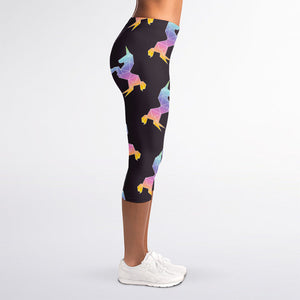 Rainbow Origami Unicorn Pattern Print Women's Capri Leggings