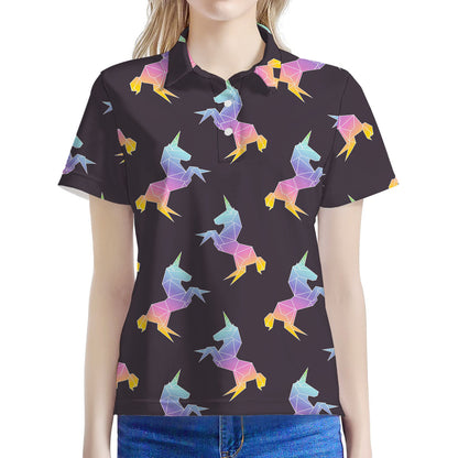 Rainbow Origami Unicorn Pattern Print Women's Polo Shirt