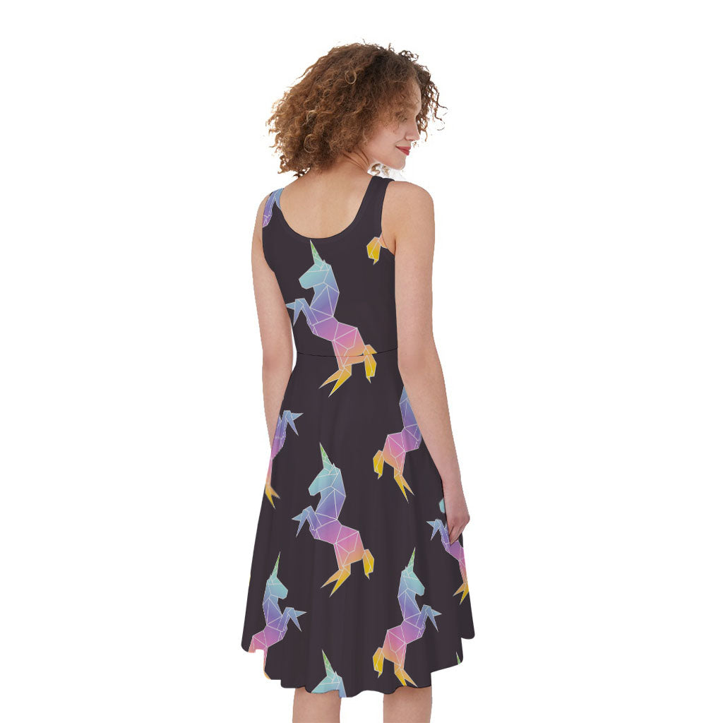 Rainbow Origami Unicorn Pattern Print Women's Sleeveless Dress