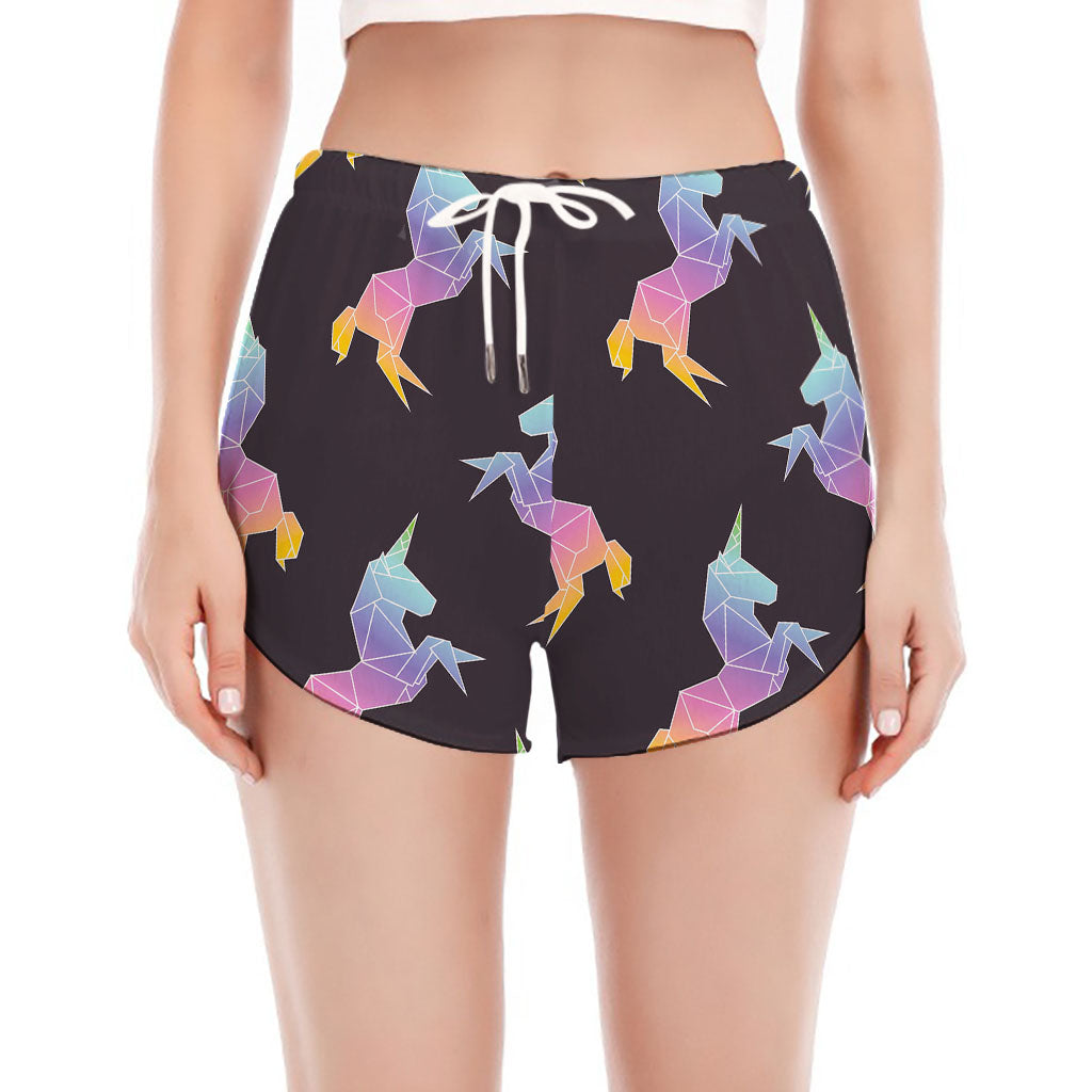 Rainbow Origami Unicorn Pattern Print Women's Split Running Shorts