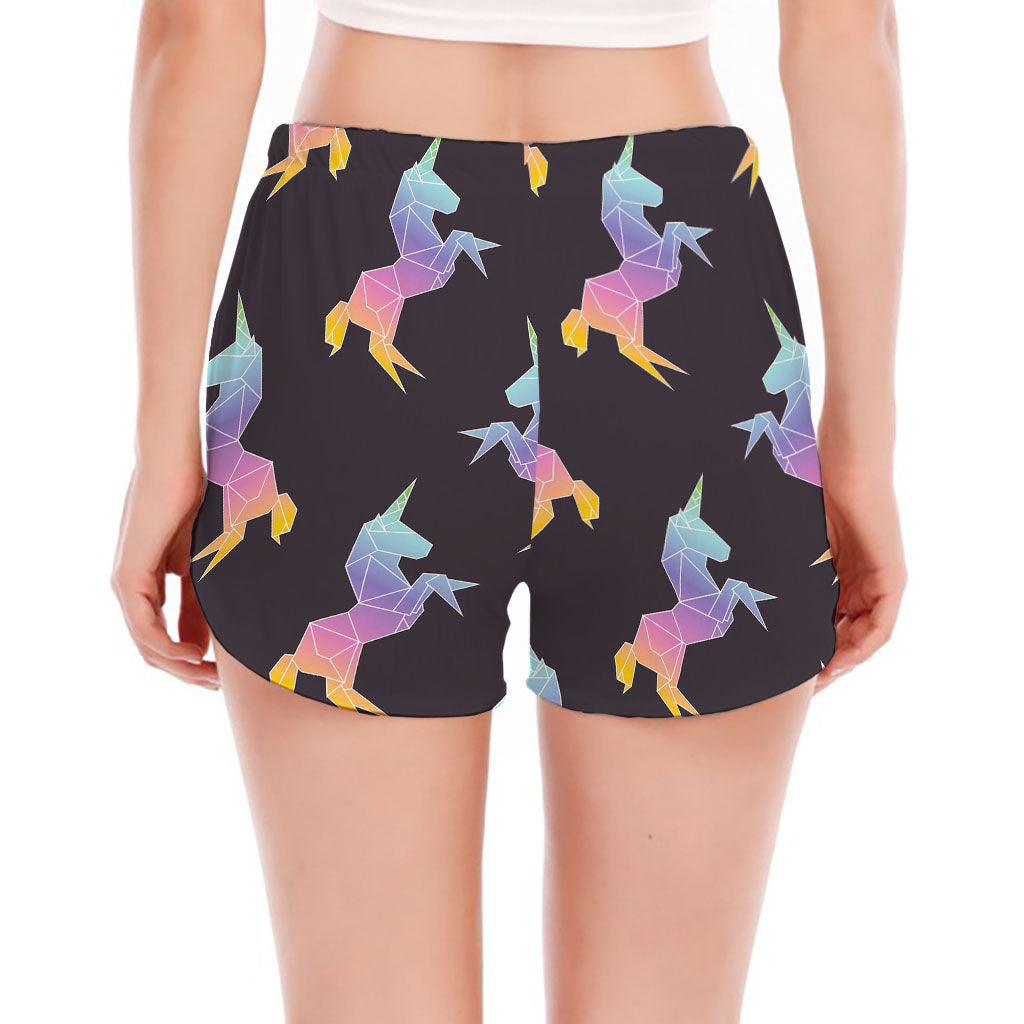Rainbow Origami Unicorn Pattern Print Women's Split Running Shorts