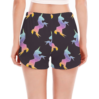 Rainbow Origami Unicorn Pattern Print Women's Split Running Shorts