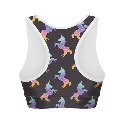 Rainbow Origami Unicorn Pattern Print Women's Sports Bra