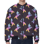 Rainbow Origami Unicorn Pattern Print Zip Sleeve Bomber Jacket