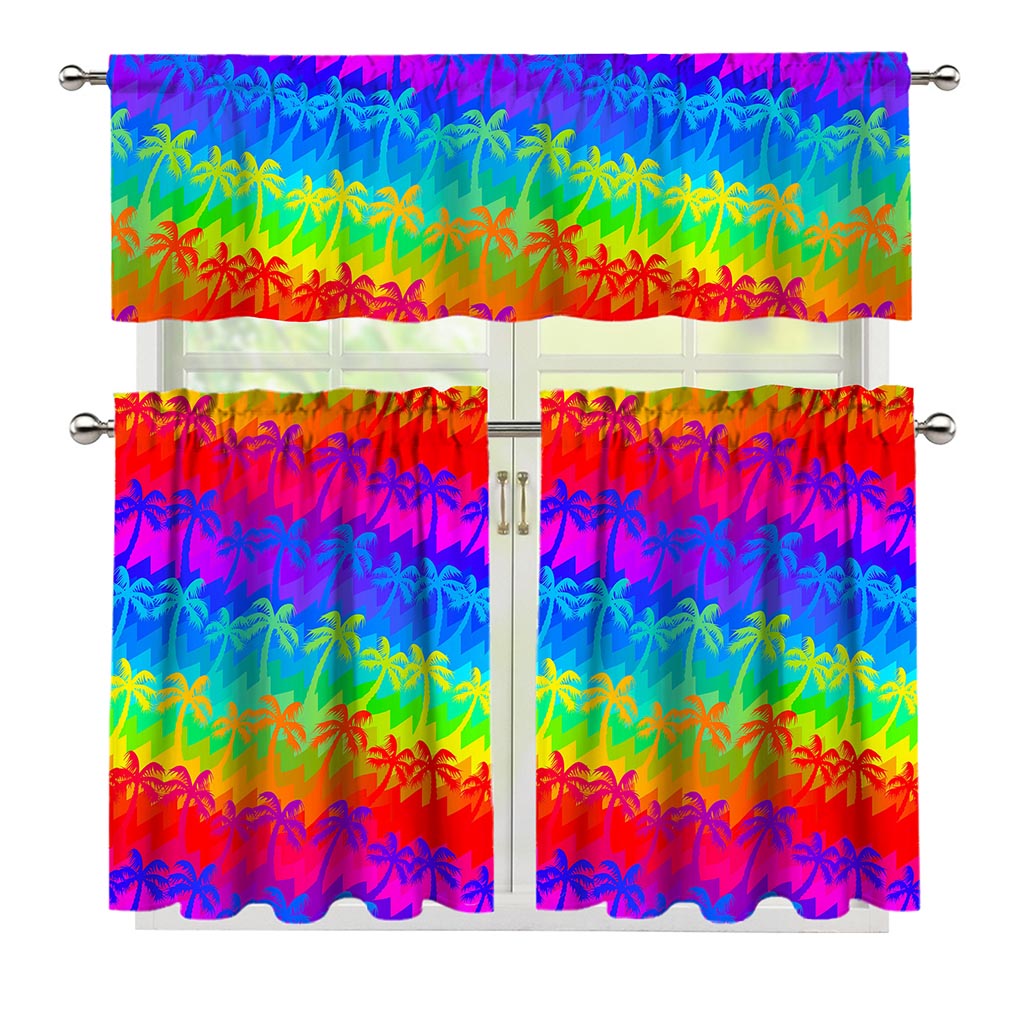 Rainbow Palm Tree Pattern Print 3 Piece Kitchen Curtains