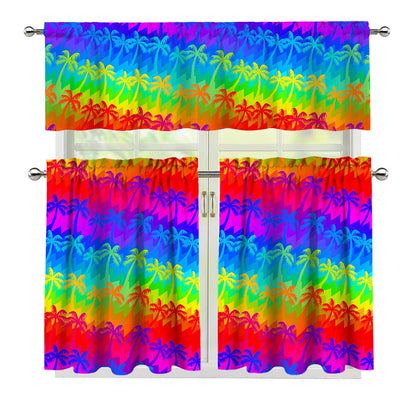 Rainbow Palm Tree Pattern Print 3 Piece Kitchen Curtains
