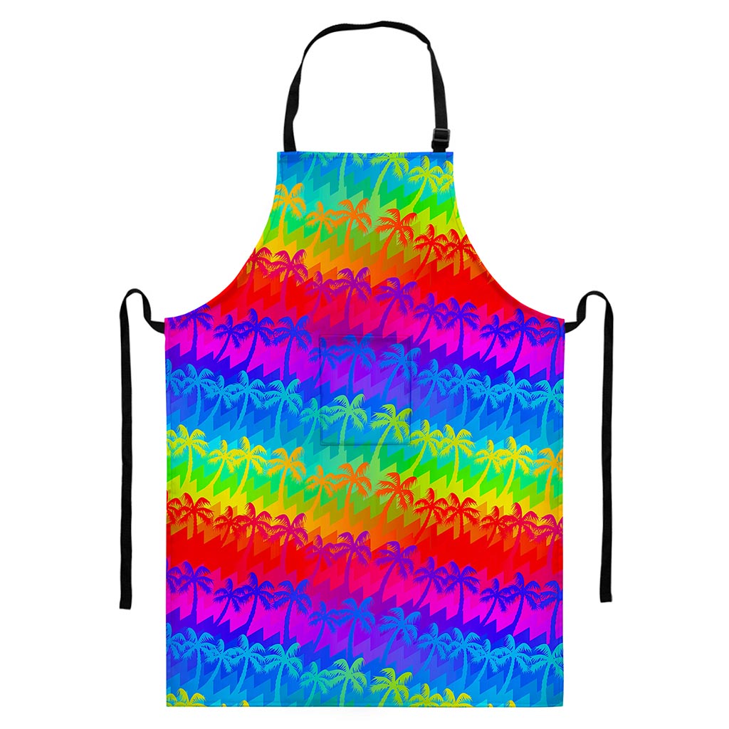 Rainbow Palm Tree Pattern Print Bib Apron With Pocket