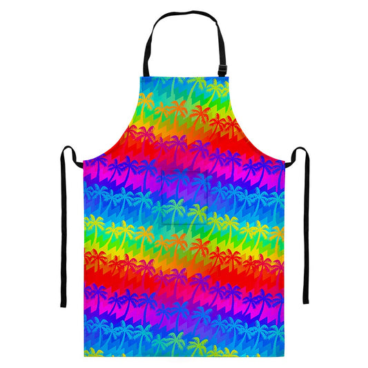 Rainbow Palm Tree Pattern Print Bib Apron With Pocket
