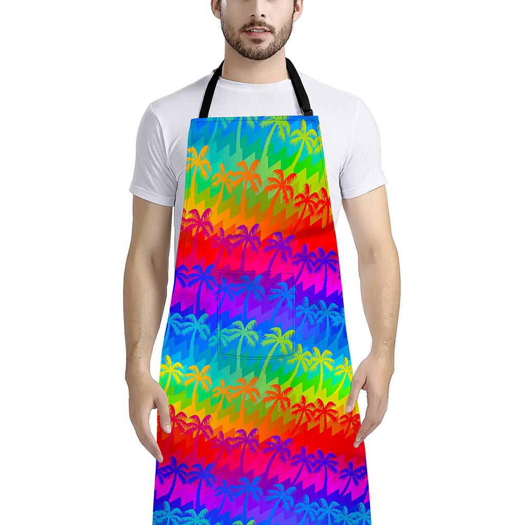 Rainbow Palm Tree Pattern Print Bib Apron With Pocket