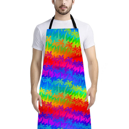 Rainbow Palm Tree Pattern Print Bib Apron With Pocket