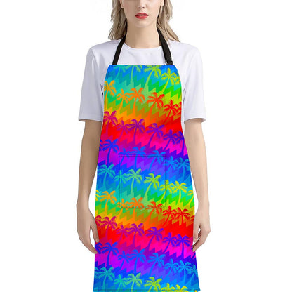 Rainbow Palm Tree Pattern Print Bib Apron With Pocket