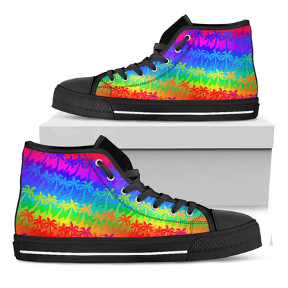 Rainbow Palm Tree Pattern Print Black High Top Sneakers