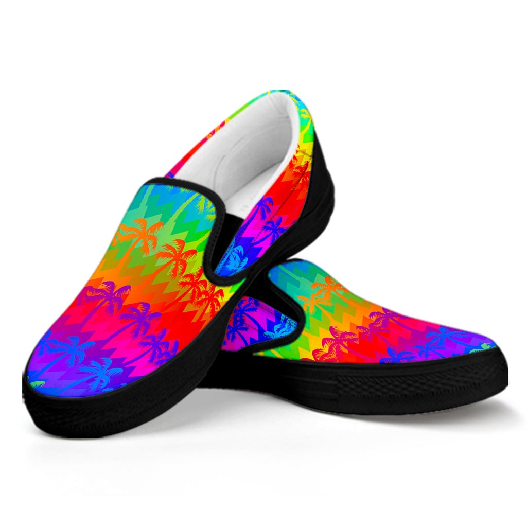 Rainbow Palm Tree Pattern Print Black Slip On Sneakers