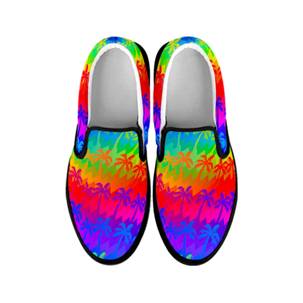 Rainbow Palm Tree Pattern Print Black Slip On Sneakers