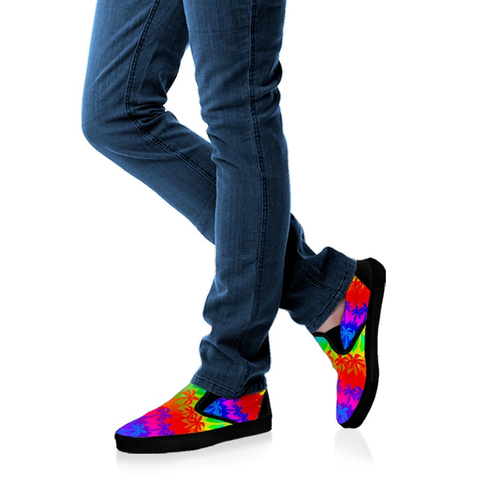 Rainbow Palm Tree Pattern Print Black Slip On Sneakers