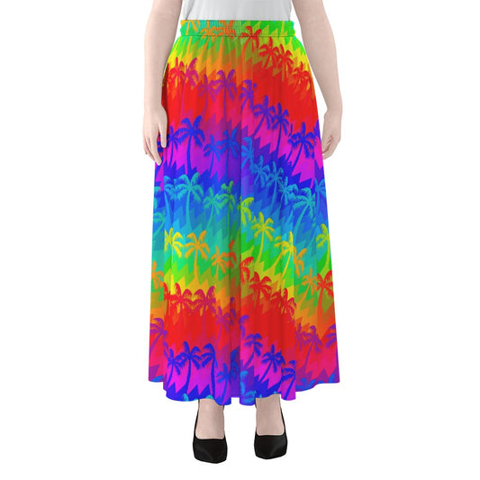 Rainbow Palm Tree Pattern Print Chiffon Maxi Skirt