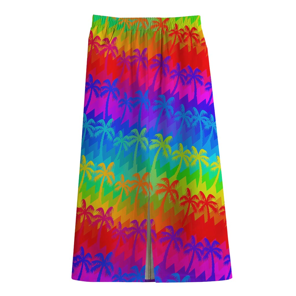 Rainbow Palm Tree Pattern Print Cotton Front Slit Maxi Skirt