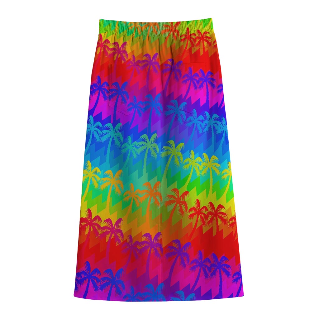 Rainbow Palm Tree Pattern Print Cotton Front Slit Maxi Skirt