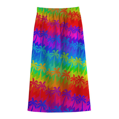 Rainbow Palm Tree Pattern Print Cotton Front Slit Maxi Skirt