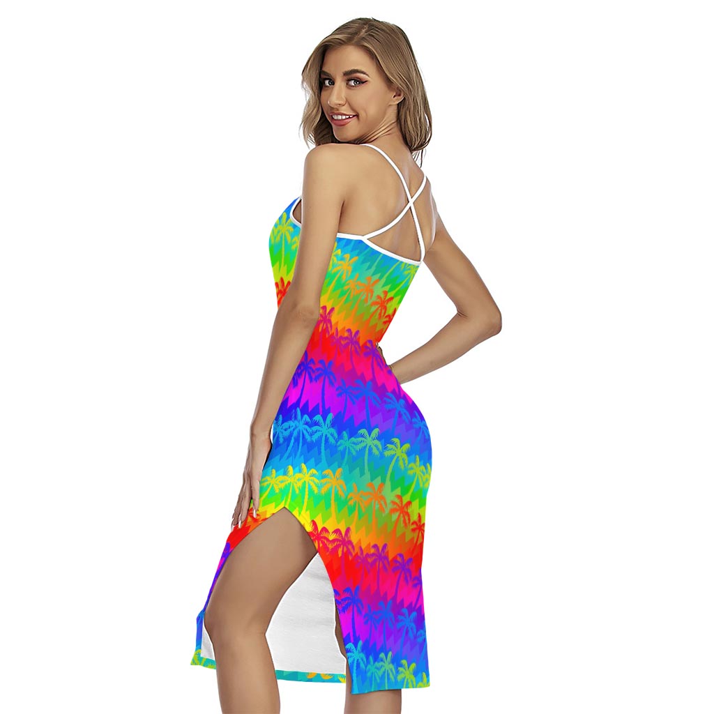 Rainbow Palm Tree Pattern Print Cross Back Cami Dress