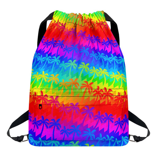 Rainbow Palm Tree Pattern Print Drawstring Backpack