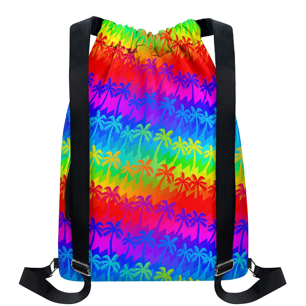 Rainbow Palm Tree Pattern Print Drawstring Backpack