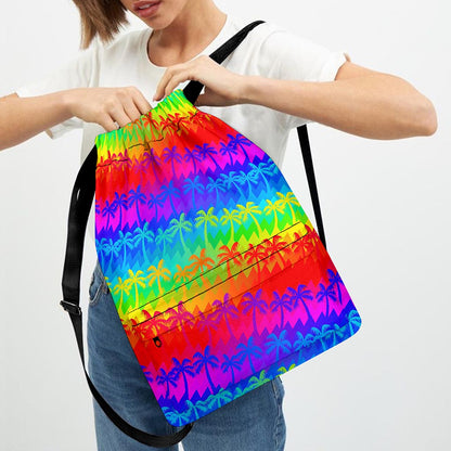 Rainbow Palm Tree Pattern Print Drawstring Backpack