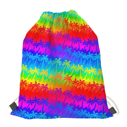 Rainbow Palm Tree Pattern Print Drawstring Bag
