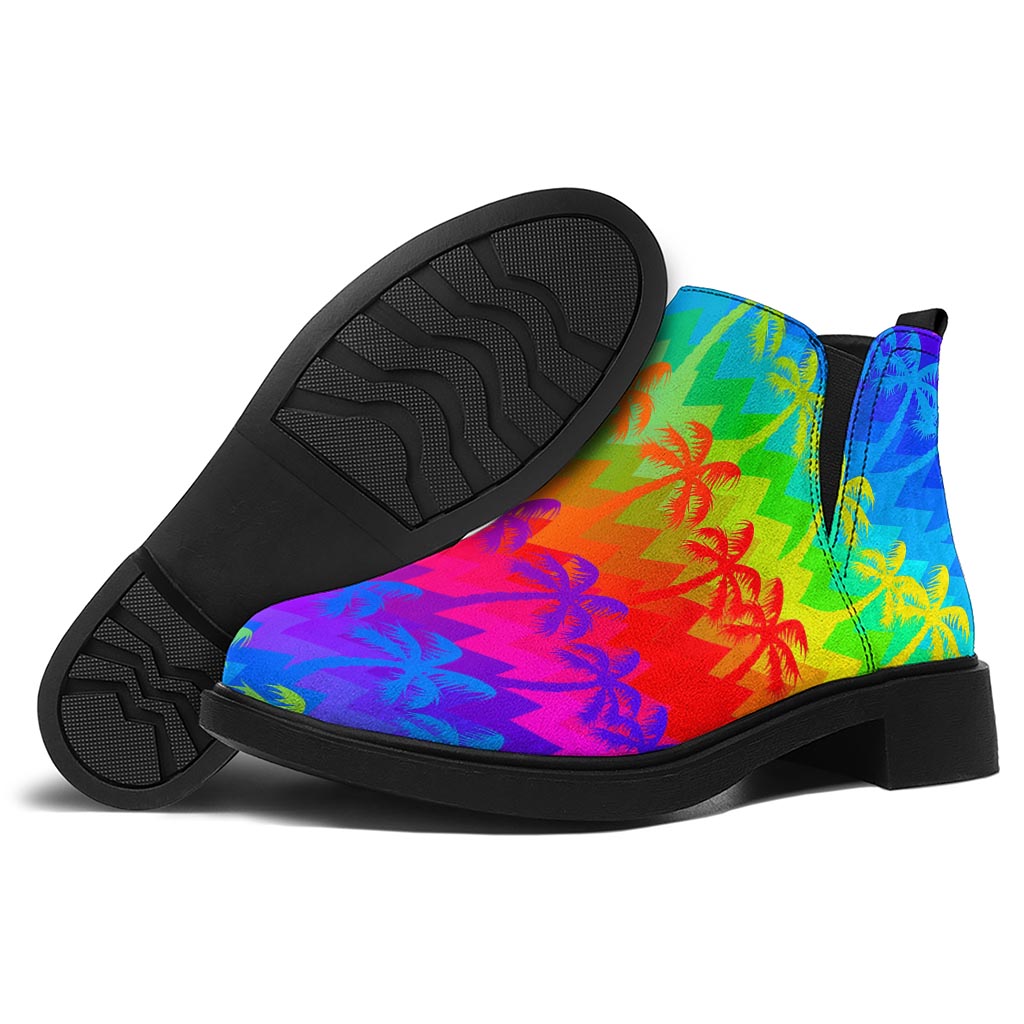 Rainbow Palm Tree Pattern Print Flat Ankle Boots