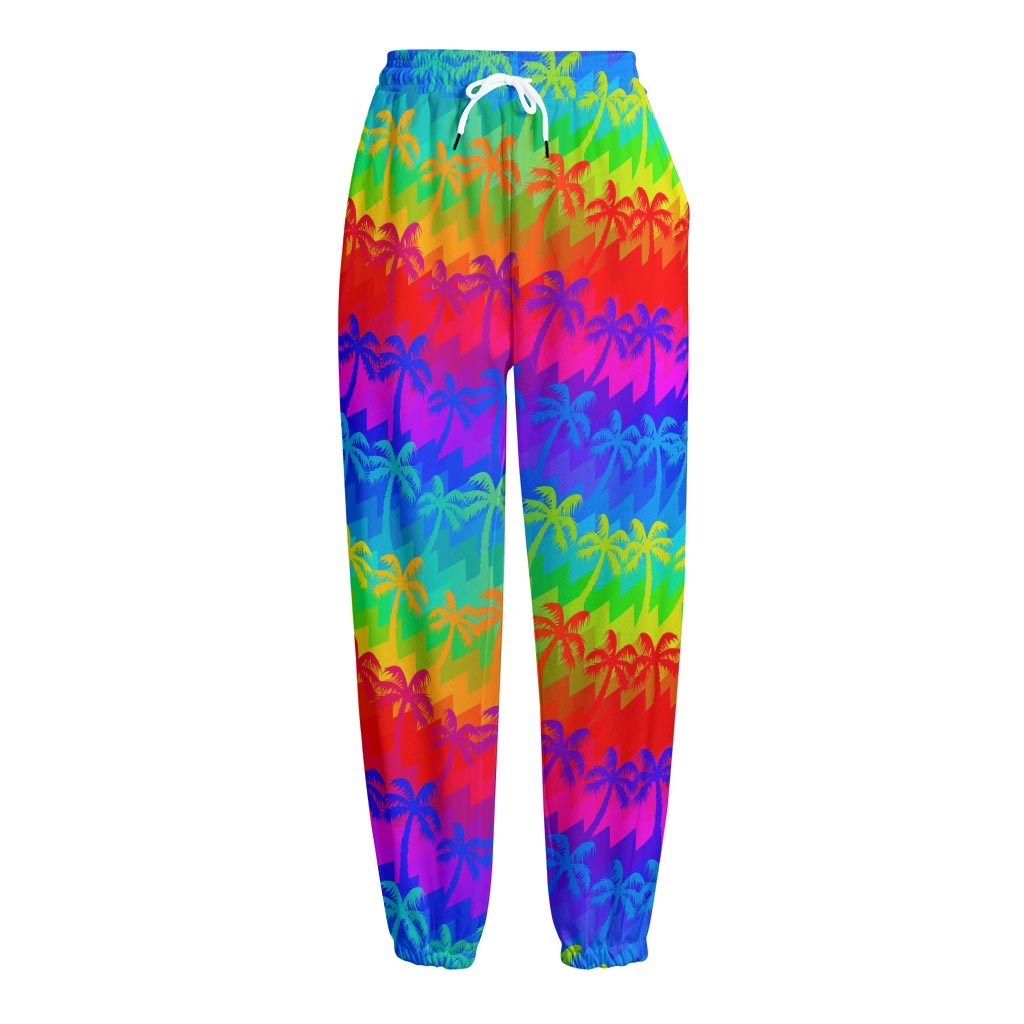 Rainbow Palm Tree Pattern Print Fleece Lined Knit Pants