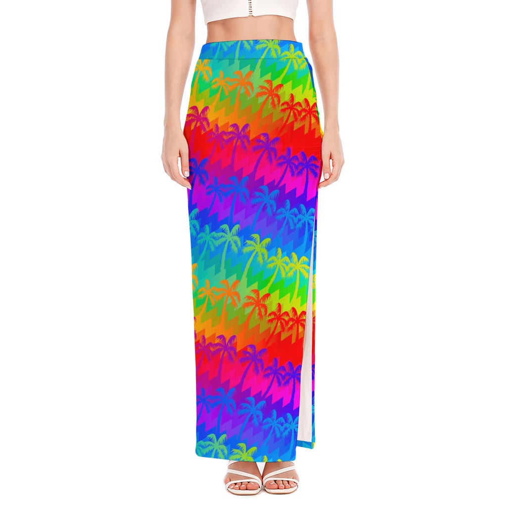 Rainbow Palm Tree Pattern Print High Slit Maxi Skirt