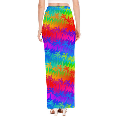 Rainbow Palm Tree Pattern Print High Slit Maxi Skirt