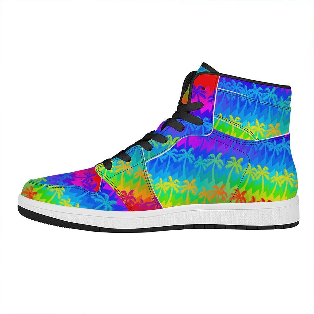 Rainbow Palm Tree Pattern Print High Top Leather Sneakers
