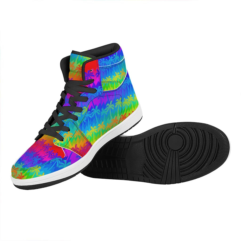 Rainbow Palm Tree Pattern Print High Top Leather Sneakers