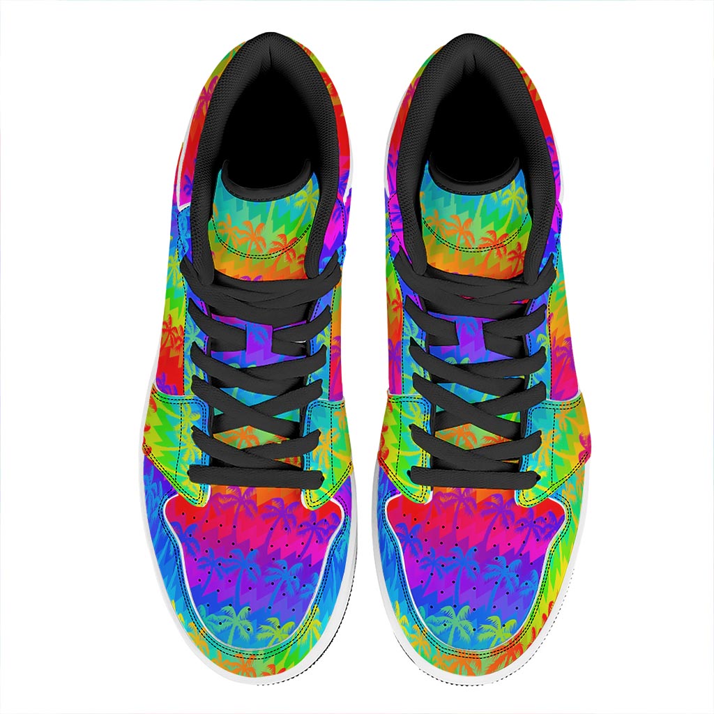 Rainbow Palm Tree Pattern Print High Top Leather Sneakers