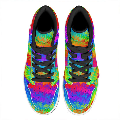 Rainbow Palm Tree Pattern Print High Top Leather Sneakers