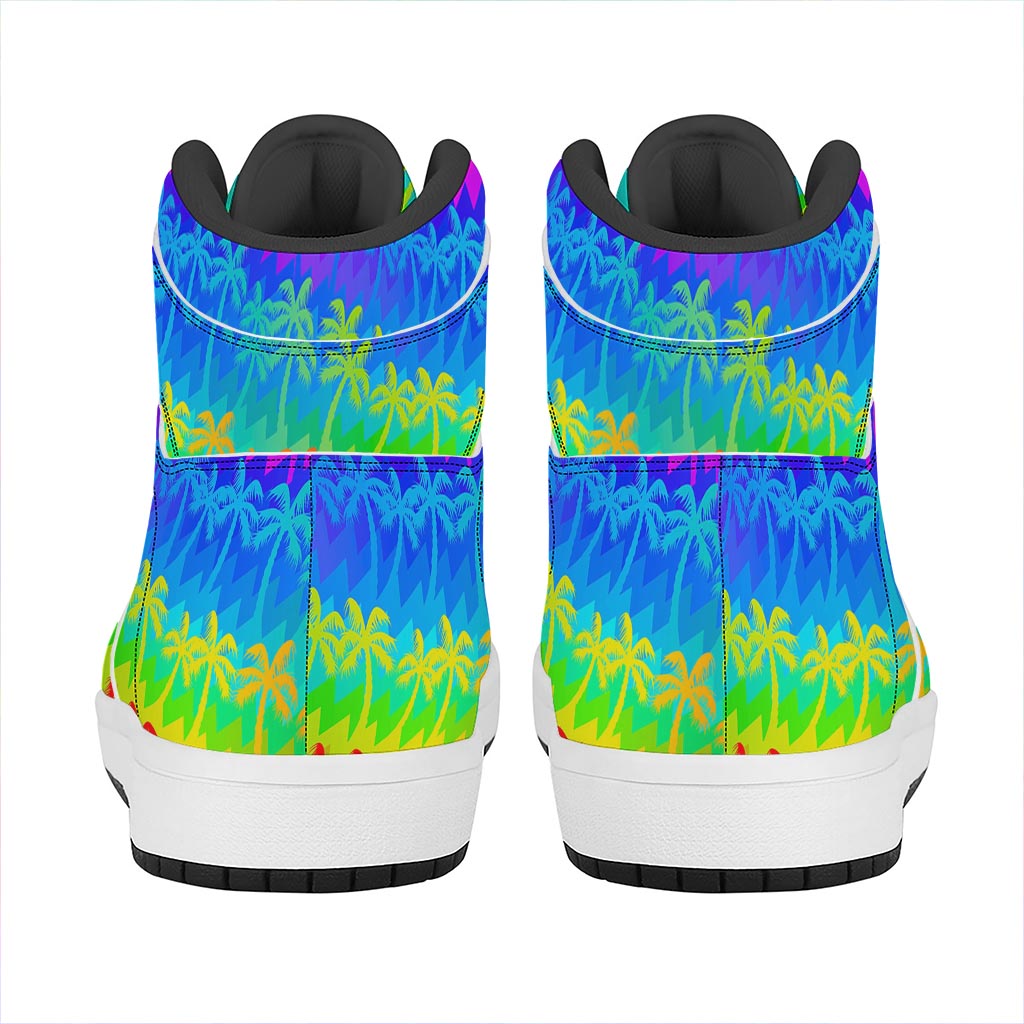 Rainbow Palm Tree Pattern Print High Top Leather Sneakers