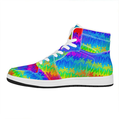 Rainbow Palm Tree Pattern Print High Top Leather Sneakers