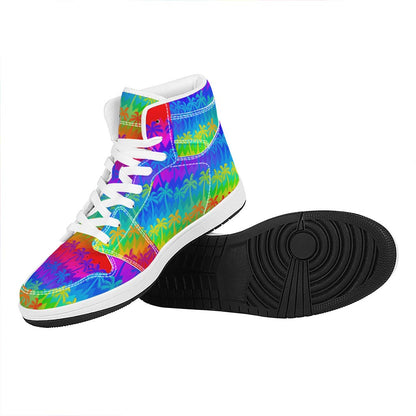 Rainbow Palm Tree Pattern Print High Top Leather Sneakers