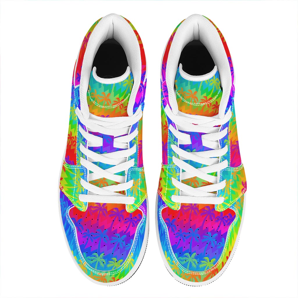 Rainbow Palm Tree Pattern Print High Top Leather Sneakers