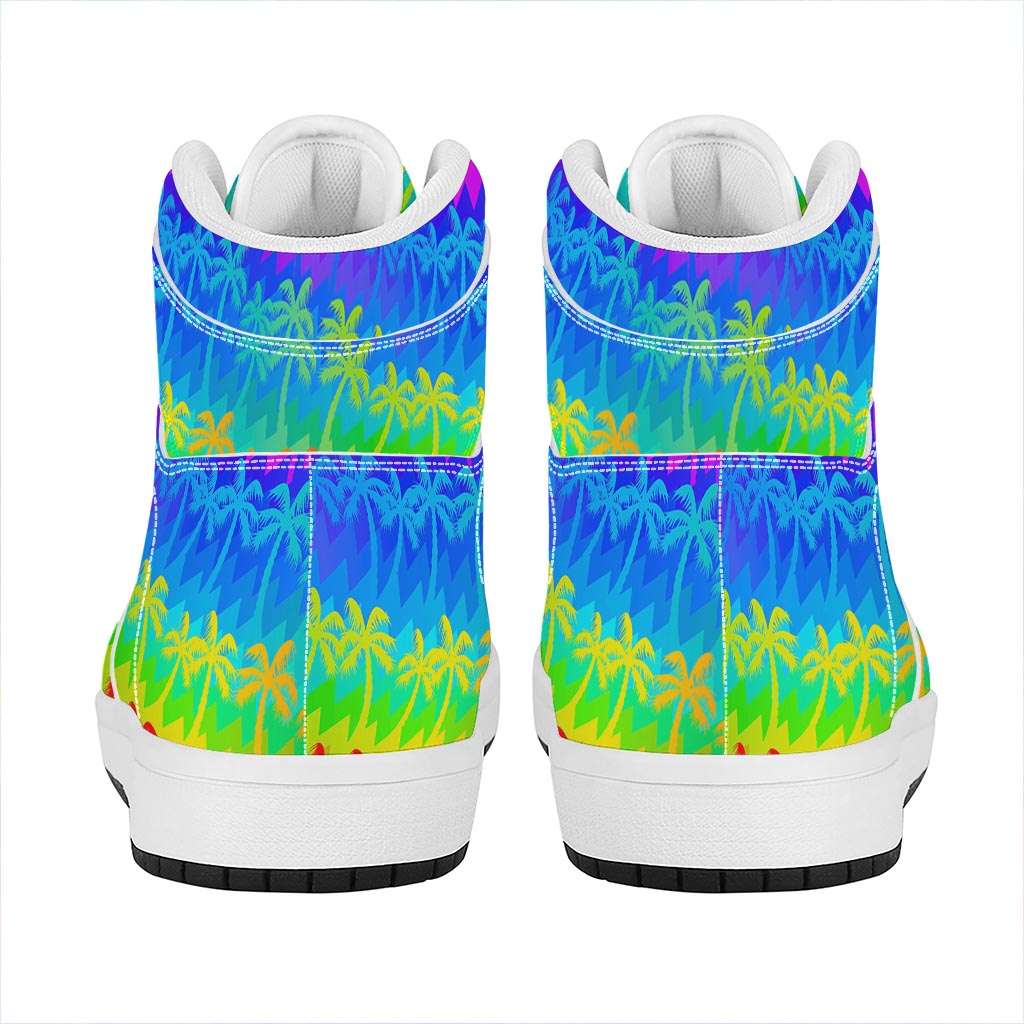 Rainbow Palm Tree Pattern Print High Top Leather Sneakers
