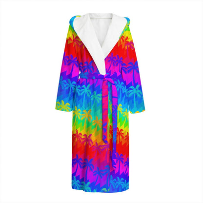 Rainbow Palm Tree Pattern Print Hooded Bathrobe