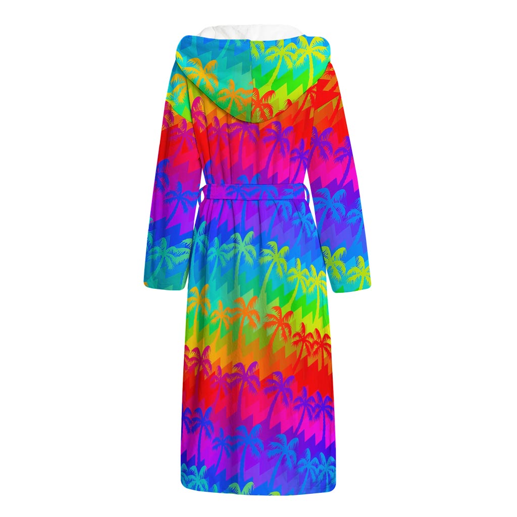 Rainbow Palm Tree Pattern Print Hooded Bathrobe